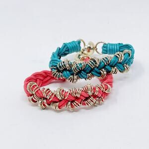 Boutique Set of 2 Braided Embellished Bracelets Teal Red Gold Tone Rhinestones